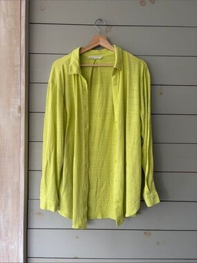 Cleo Lime Green Textured Button-Up Blouse | Lightweight Cover-Up | Size Large